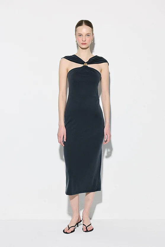 Toka Detaylı Modal Örme Elbise - Siyah - Gusto