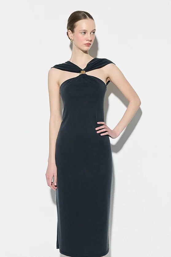 Toka Detaylı Modal Örme Elbise - Siyah - Gusto