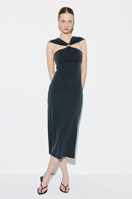 Toka Detaylı Modal Örme Elbise - Siyah - Gusto