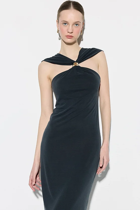 Toka Detaylı Modal Örme Elbise - Siyah - Gusto