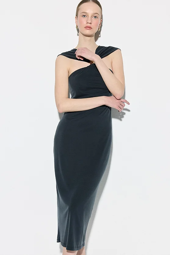 Toka Detaylı Modal Örme Elbise - Siyah - Gusto