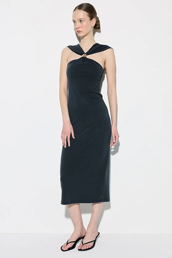Toka Detaylı Modal Örme Elbise - Siyah - Gusto