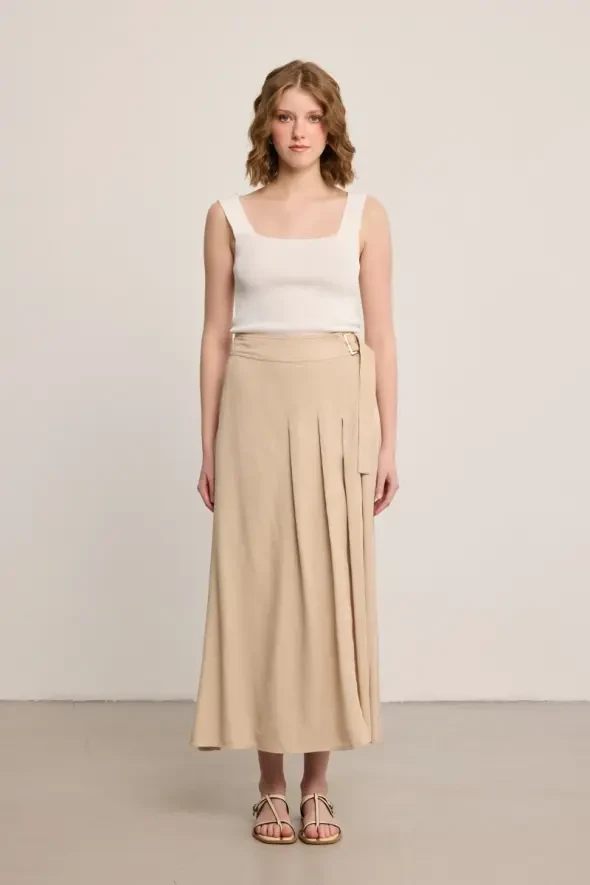 Tokalı Pilikaşe Uzun Tencel Etek - Bej - 3
