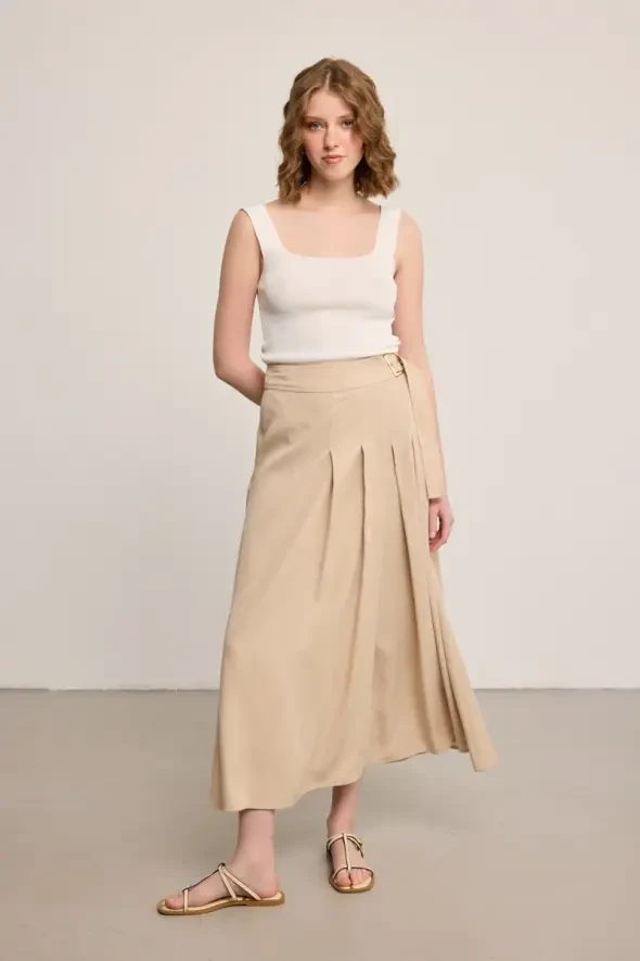 Tokalı Pilikaşe Uzun Tencel Etek - Bej - 4