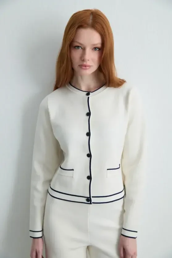 Trimmed Knit Cardigan - Ecru - 2