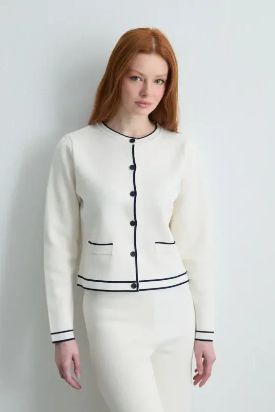 Trimmed Knit Cardigan - Ecru - Gusto