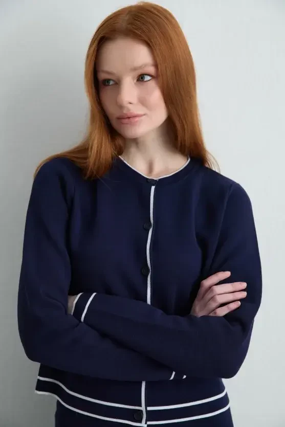 Trimmed Knit Cardigan - Navy Blue - Gusto