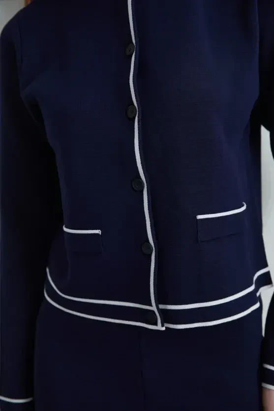 Trimmed Knit Cardigan - Navy Blue - 4