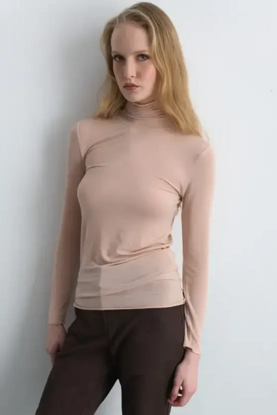 Turtleneck Cashmere Blouse - Powder Pink - 2
