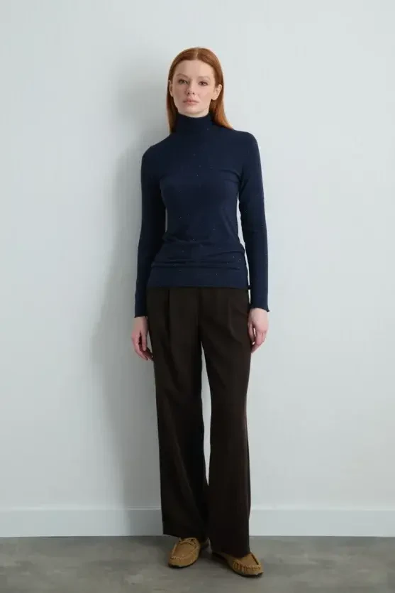 Turtleneck Cashmere Glitter Blouse - Navy Blue - 2