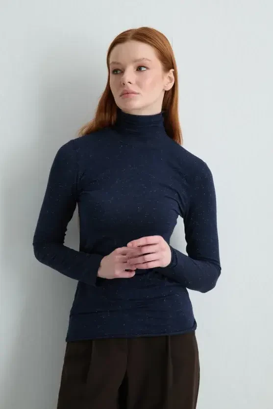 Turtleneck Cashmere Glitter Blouse - Navy Blue - Gusto