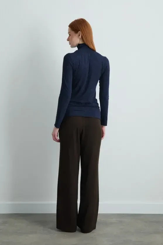 Turtleneck Cashmere Glitter Blouse - Navy Blue - Gusto