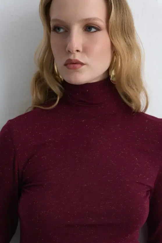 Turtleneck Cashmere Shimmer Blouse - Burgundy - Gusto