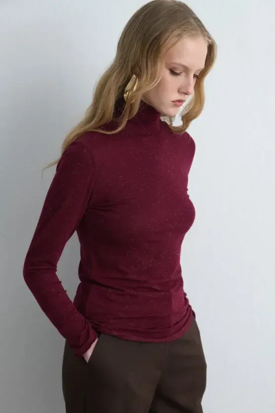 Turtleneck Cashmere Shimmer Blouse - Burgundy - Gusto