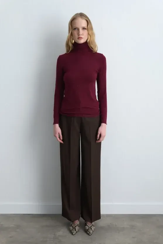 Turtleneck Cashmere Shimmer Blouse - Burgundy - Gusto