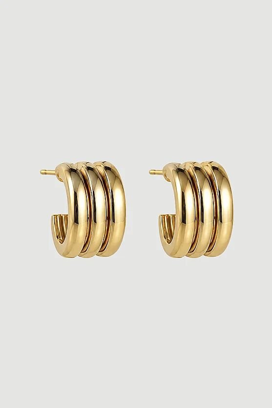 Üç Sıra Halka Küpe - Gold - 2