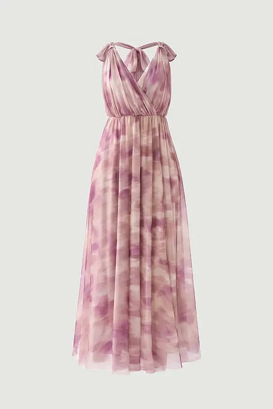 Uzun Fularlı Tül Abiye Elbise - Pembe - 8