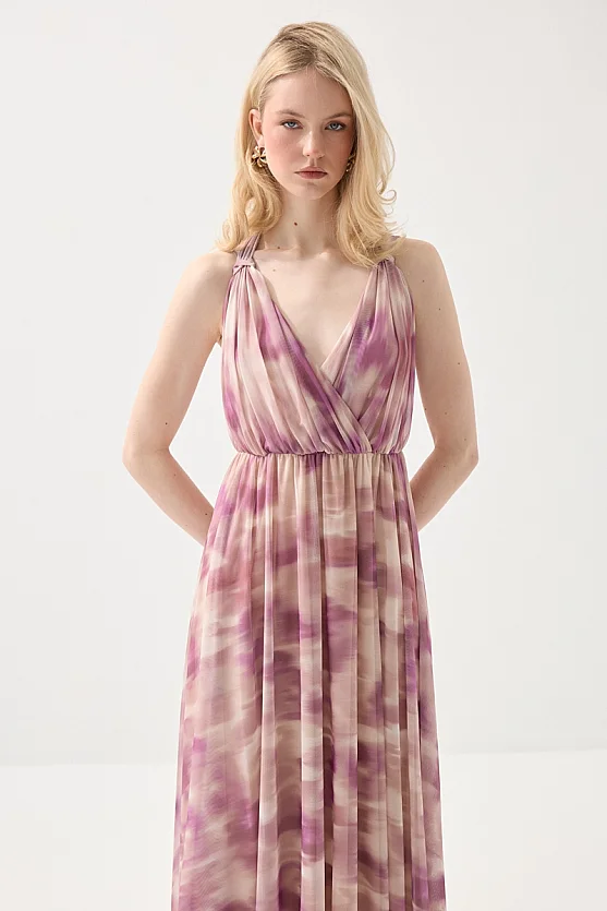 Uzun Fularlı Tül Abiye Elbise - Pembe - Gusto