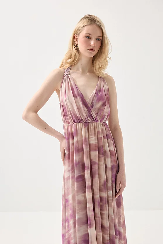 Uzun Fularlı Tül Abiye Elbise - Pembe - Gusto