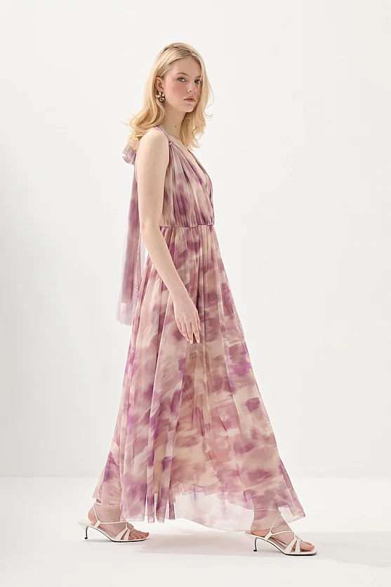 Uzun Fularlı Tül Abiye Elbise - Pembe - Gusto