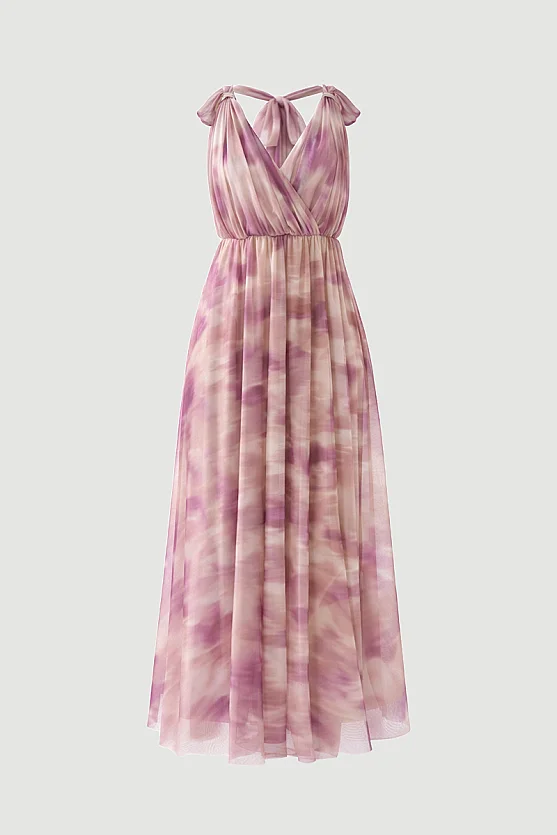 Uzun Fularlı Tül Abiye Elbise - Pembe - 8