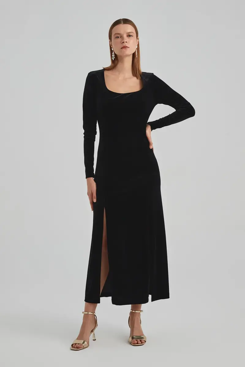 Uzun Kadife Yırtmaçlı Elbise - Siyah - 1