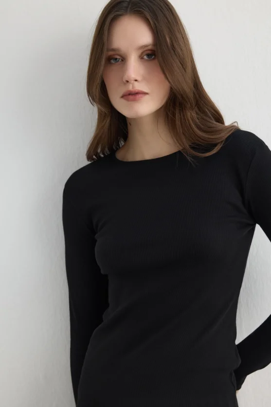 Uzun Kollu Basic Pamuk Tshirt - Siyah - 4