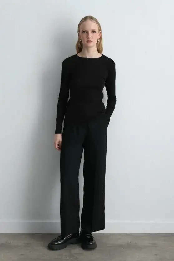 Uzun Kollu Basic Pamuk Tshirt - Siyah - Gusto