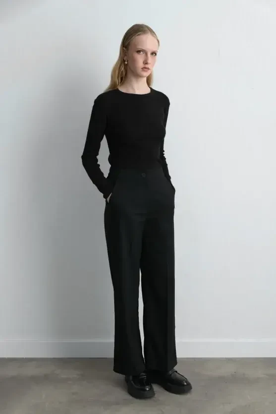 Uzun Kollu Basic Pamuk Tshirt - Siyah - Gusto