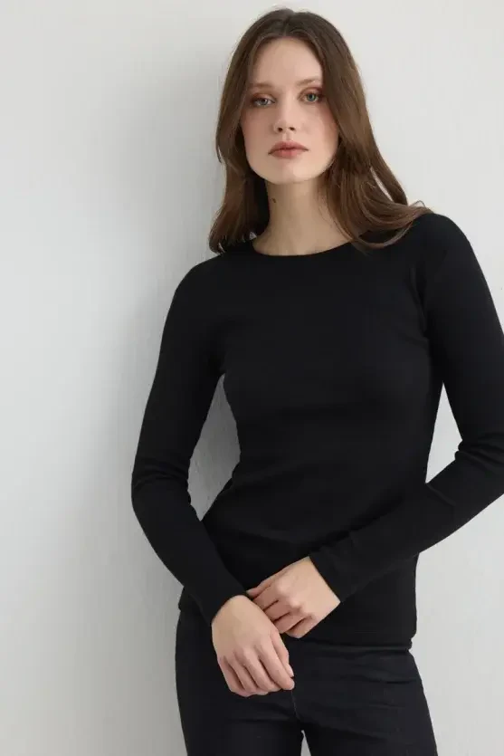 Uzun Kollu Basic Pamuk Tshirt - Siyah - Gusto