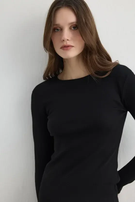Uzun Kollu Basic Pamuk Tshirt - Siyah - 4