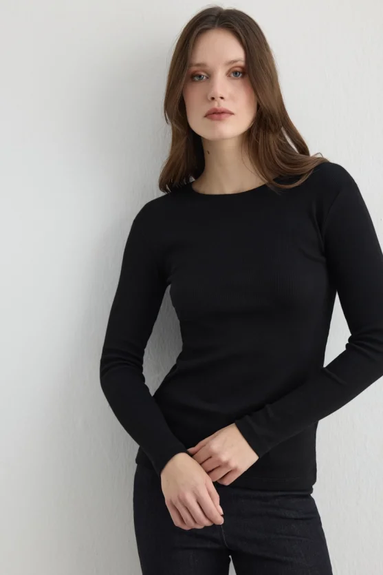 Uzun Kollu Basic Pamuk Tshirt - Siyah - Gusto