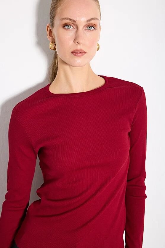Uzun Kollu Pamuk Örme Basic Bluz - Bordo - 5