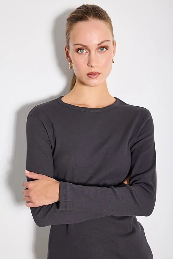 Uzun Kollu Pamuk Örme Basic Bluz - Füme - 5