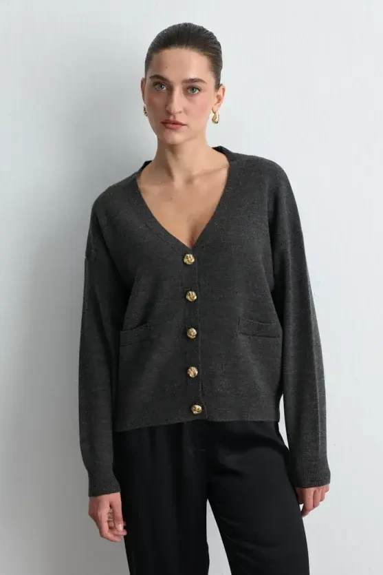 V-Neck Knit Wool Cardigan - Anthracite - Gusto