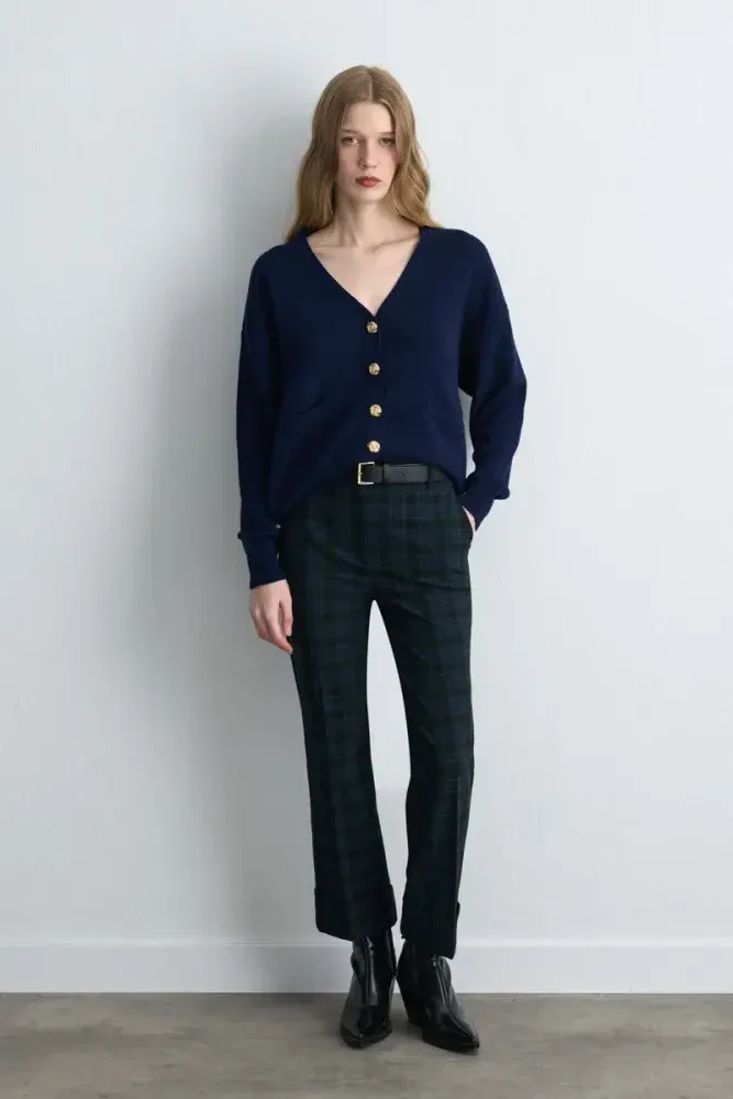 V-Neck Knit Wool Cardigan - Navy Blue