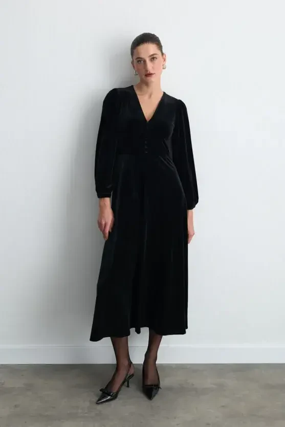 V-Neck Long Velvet Dress - Black - 1