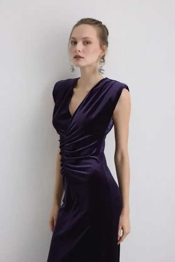 V-Neck Long Velvet Evening Dress - Mulberry - Gusto