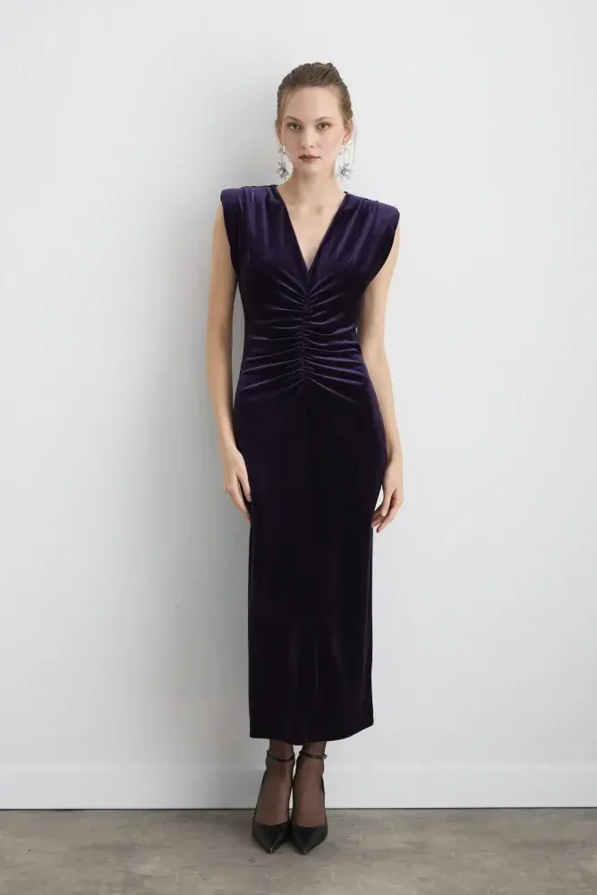 V-Neck Long Velvet Evening Dress - Mulberry Marroon