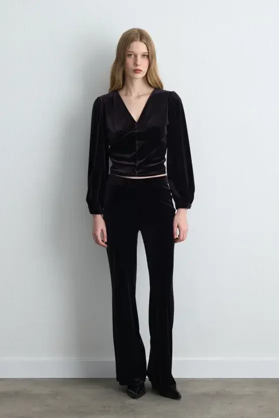 V-Neck Velvet Blouse - Plum - 6