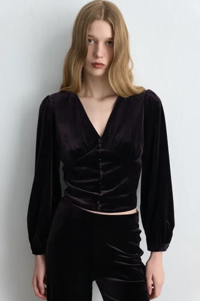 V-Neck Velvet Blouse - Plum Marroon