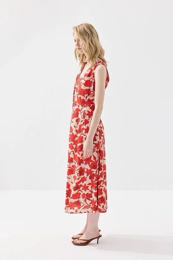 V Yaka Fularlı Uzun Desenli Viskon Elbise - Kırmızı - Gusto