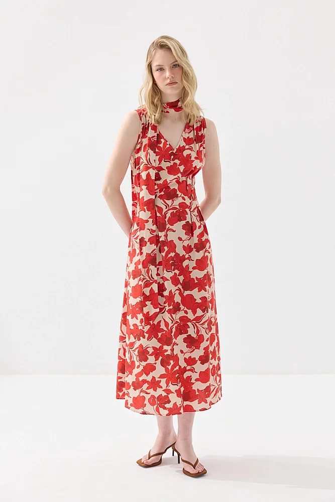 V Yaka Fularlı Uzun Desenli Viskon Elbise - Kırmızı Kırmızı