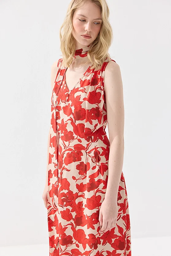 V Yaka Fularlı Uzun Desenli Viskon Elbise - Kırmızı - 4