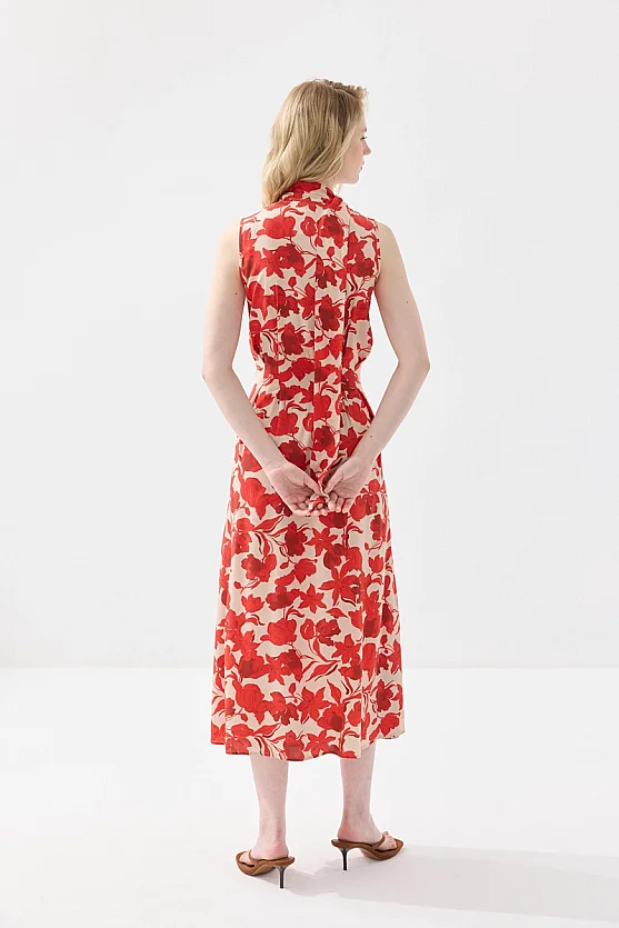 V Yaka Fularlı Uzun Desenli Viskon Elbise - Kırmızı - 7