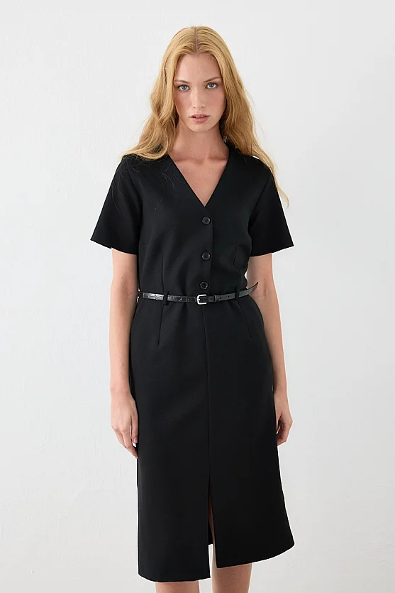 V Yaka Kemerli Midi Elbise - Siyah - 2