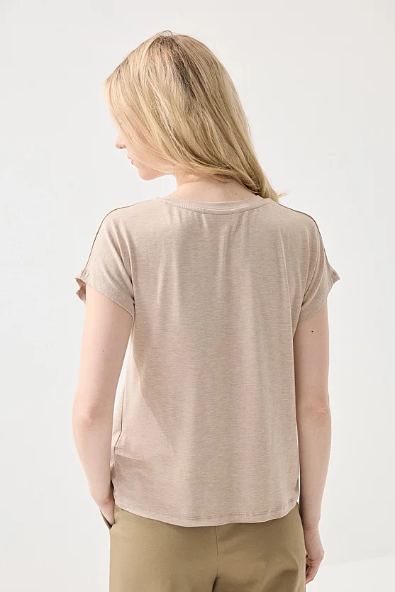 V Yaka Melanjlı Bambu T-shirt - Bej - 5