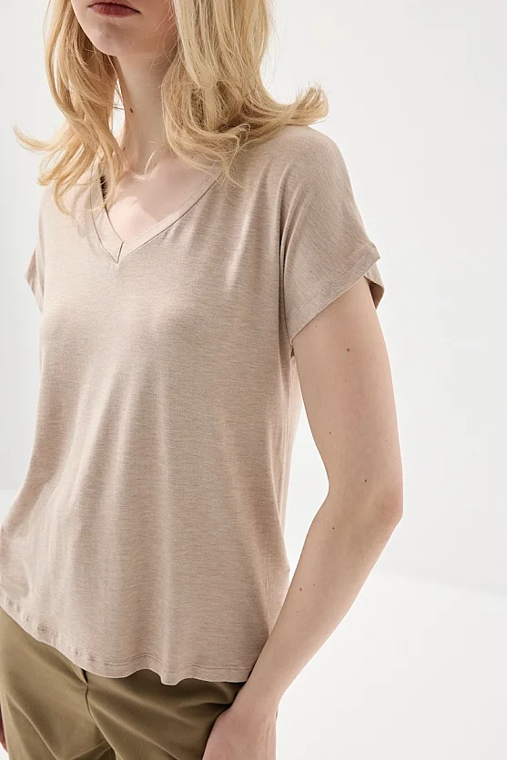 V Yaka Melanjlı Bambu Tshirt - Bej - 3