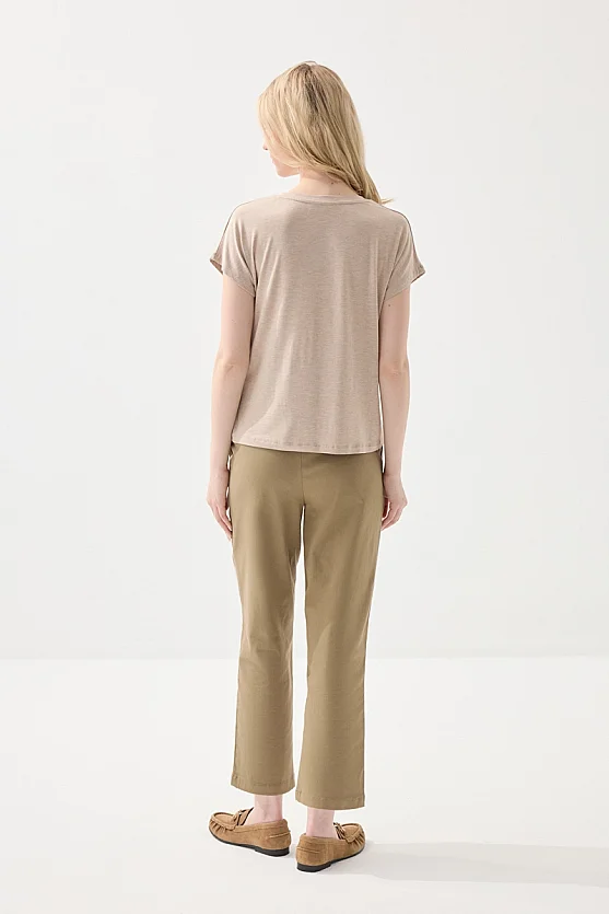 V Yaka Melanjlı Bambu Tshirt - Bej - 6