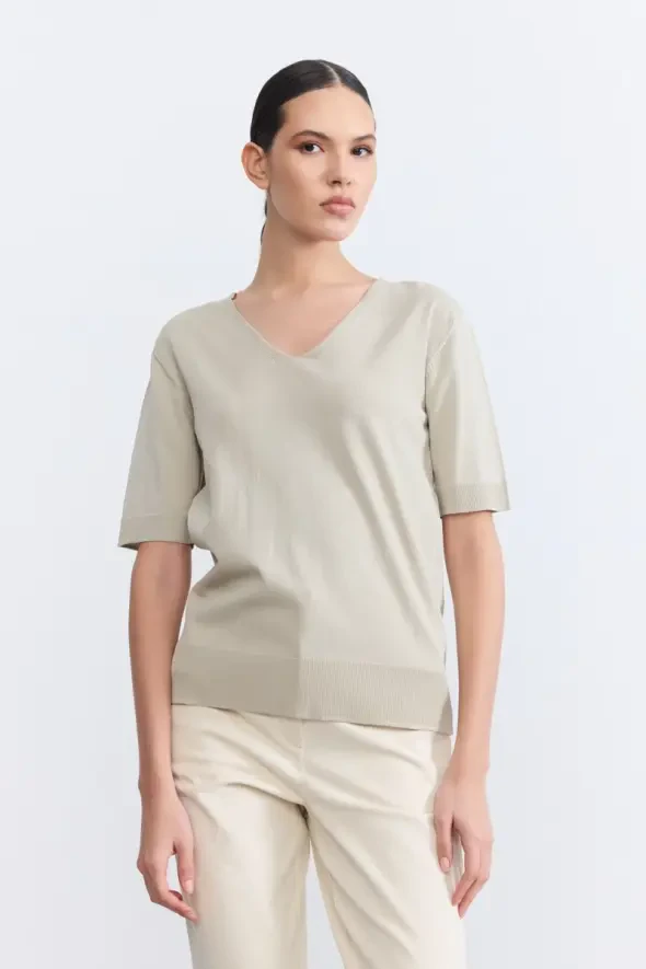 V Yaka Merserize Kısa Kollu Triko Bluz - Yeşil - Gusto